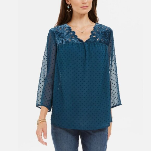 New Style & Co Large Blue Velvet Embroidered Detail Swiss Dot Chiffon Blouse - Picture 1 of 12